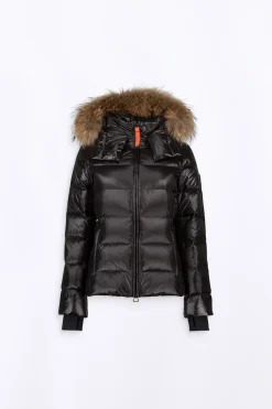 Doudounes Courtes*Gertrude Doudoune Cintree Avec Capuche En Fourrure Olga Black Shiny
